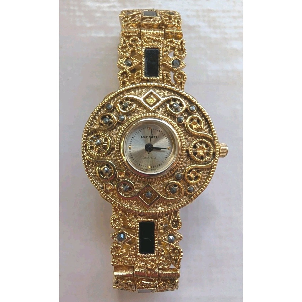 Vintage Premier Quartz Gold Tone Filigree Bracelet Watch Black Enamel Rhinestone